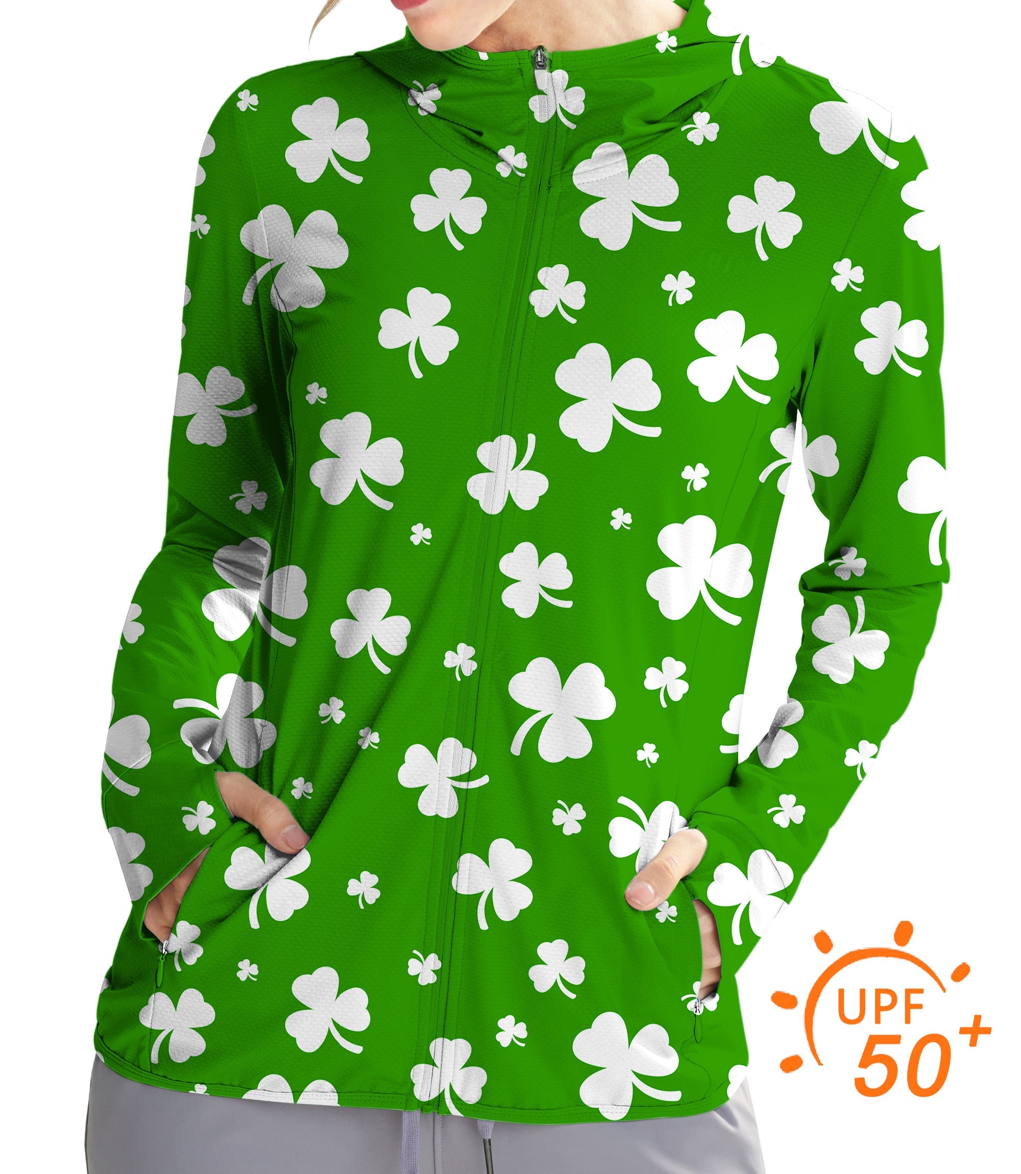 Women's outdoor leaf clover zip hoodie with UPF 50+ sun protection for golf and St. Patrick's Day