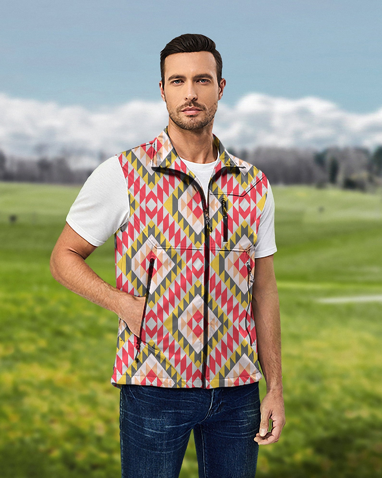 Men's Eco Friendly Bold Vibrations Lightweight Softshell Vest Sleeveless Jacket for Golf