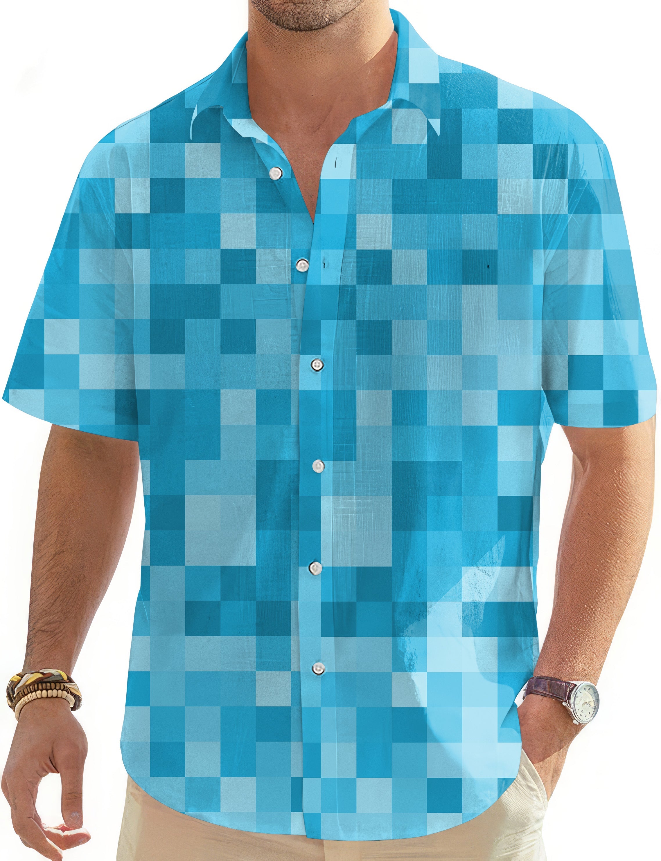 Blue pixel big men's golf short sleeve button down Hawaiian shirt with classic collar and patch pocket