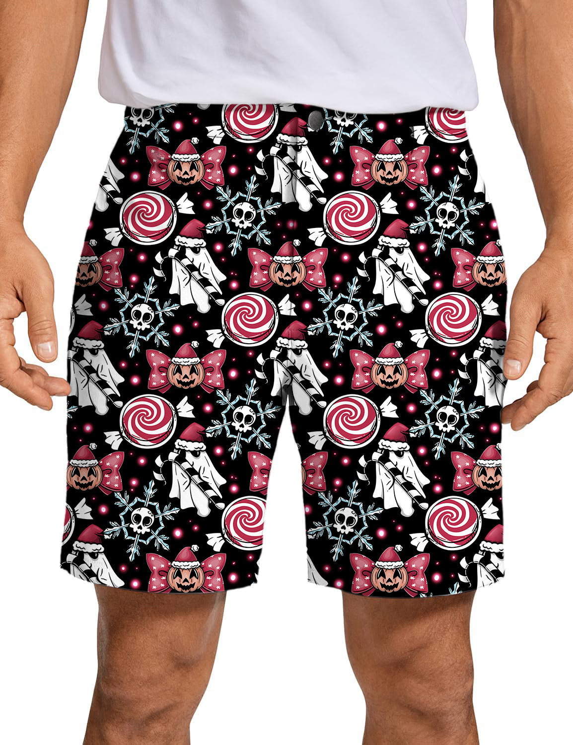 Men's Halloween Christmas golf shorts with spooky candy and skull pattern, quick-dry and lightweight fabric