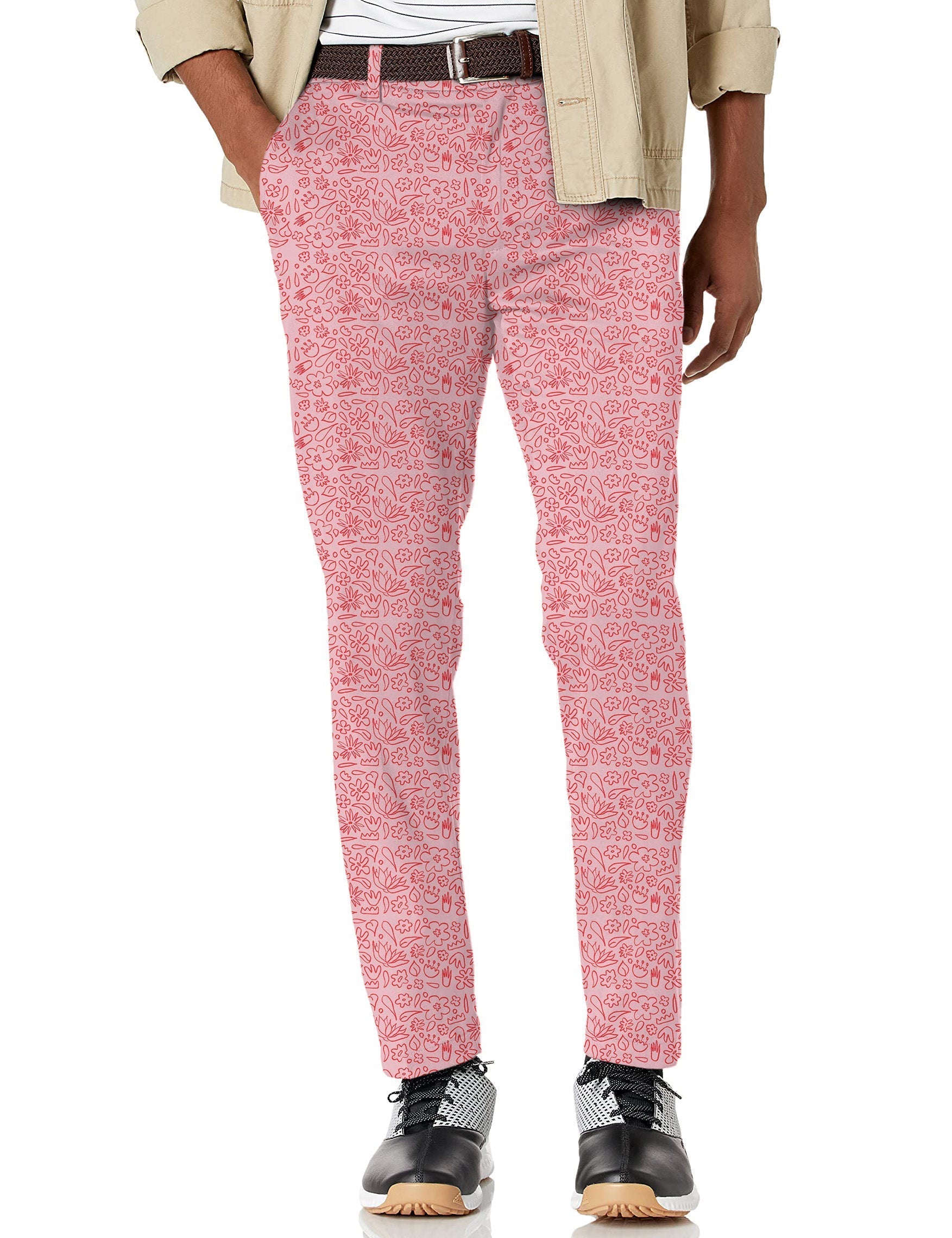 Men's simple pink flower drawing stretch golf pants with moisture-wicking fabric and active waistband