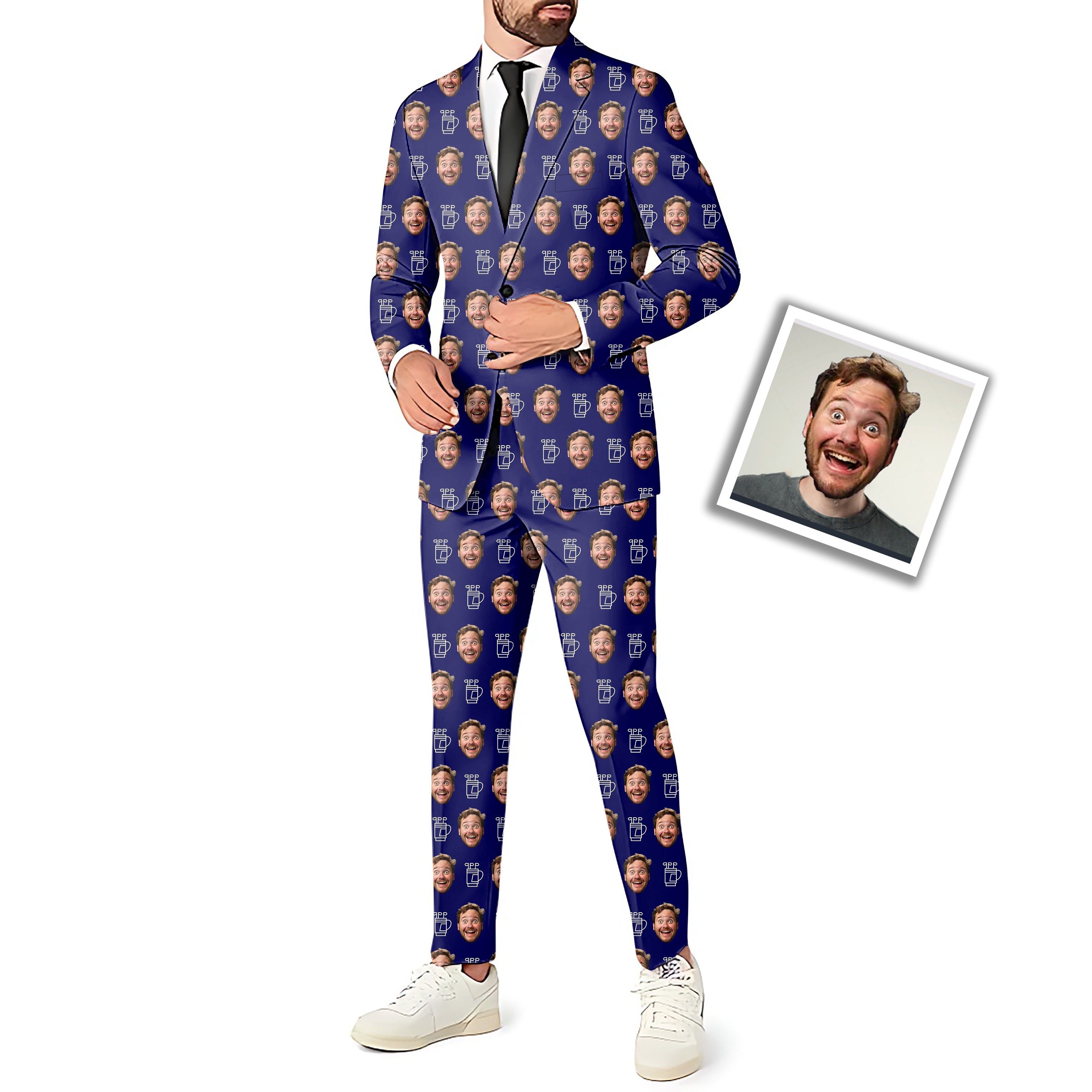 Custom photo funny face men's slim fit party suit set with blazer, pants, and vest in blue.