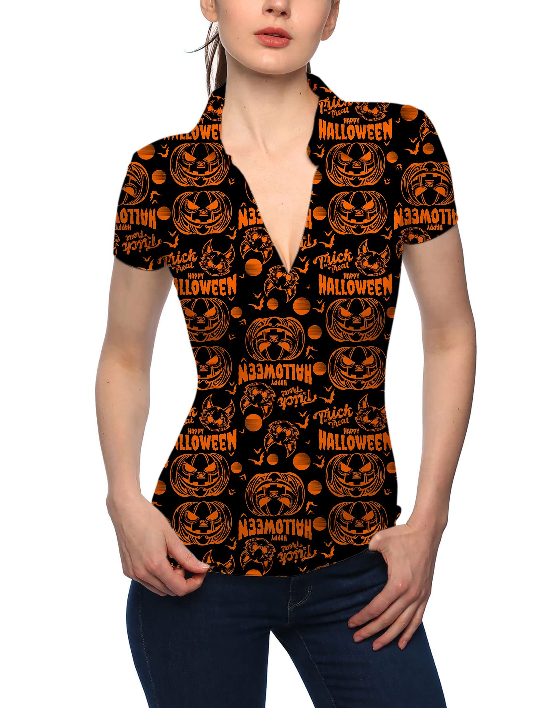 Women's Happy Halloween V-neck golf polo shirt with pumpkin print and stand collar