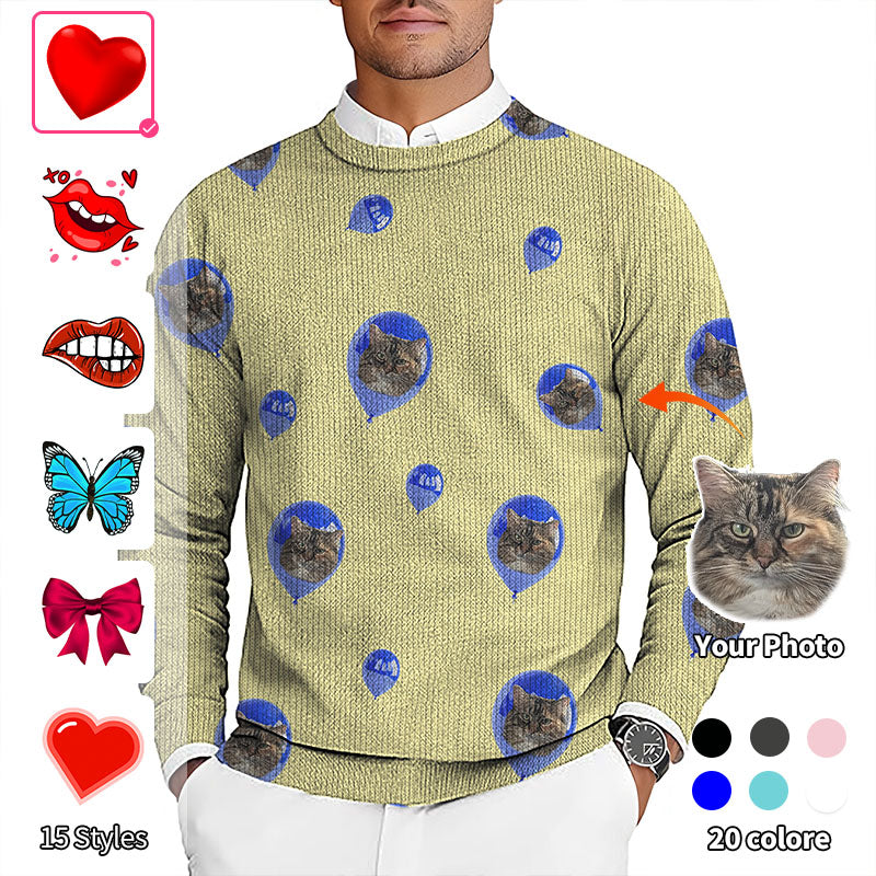 Valentine's Day Custom Photo Face Custom Color Yellow Men's Golf Crewneck Pullover Sweaters Ugly Sweater