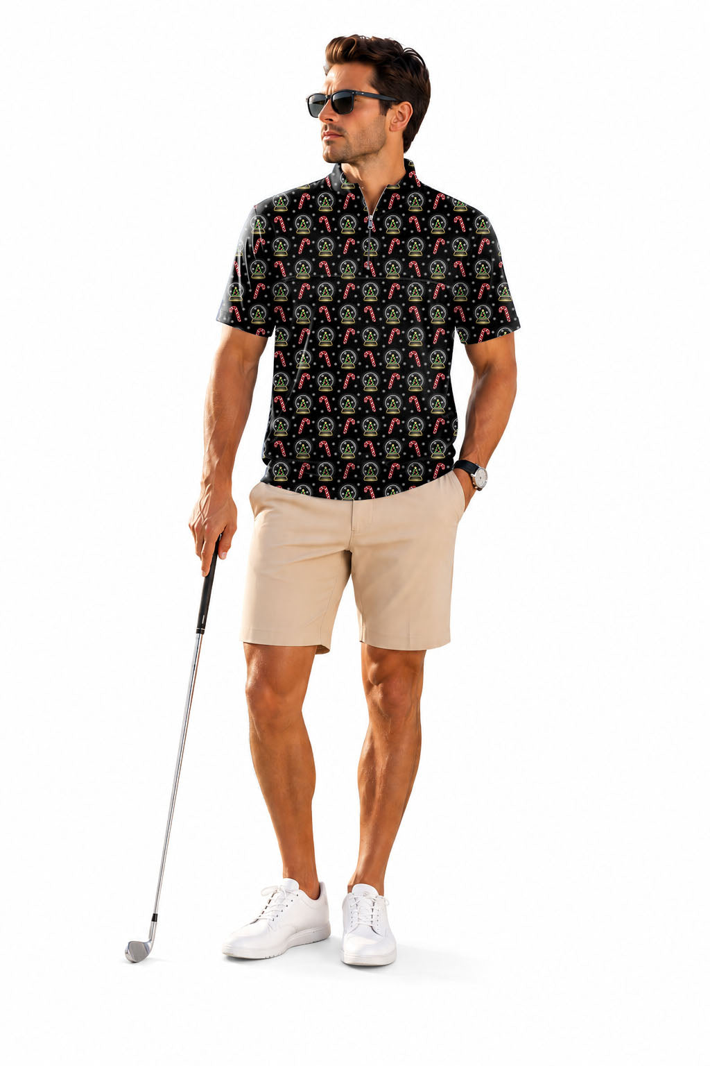 Men's Short Sleeve Quarter Zip Golf Pullover Christmas decoration snowball Embroidery