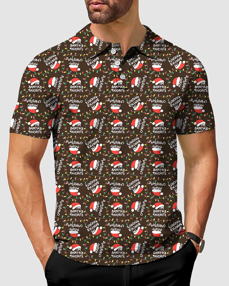 men's Christmas hat polo shirt with Santa pattern and candy canes on brown fabric