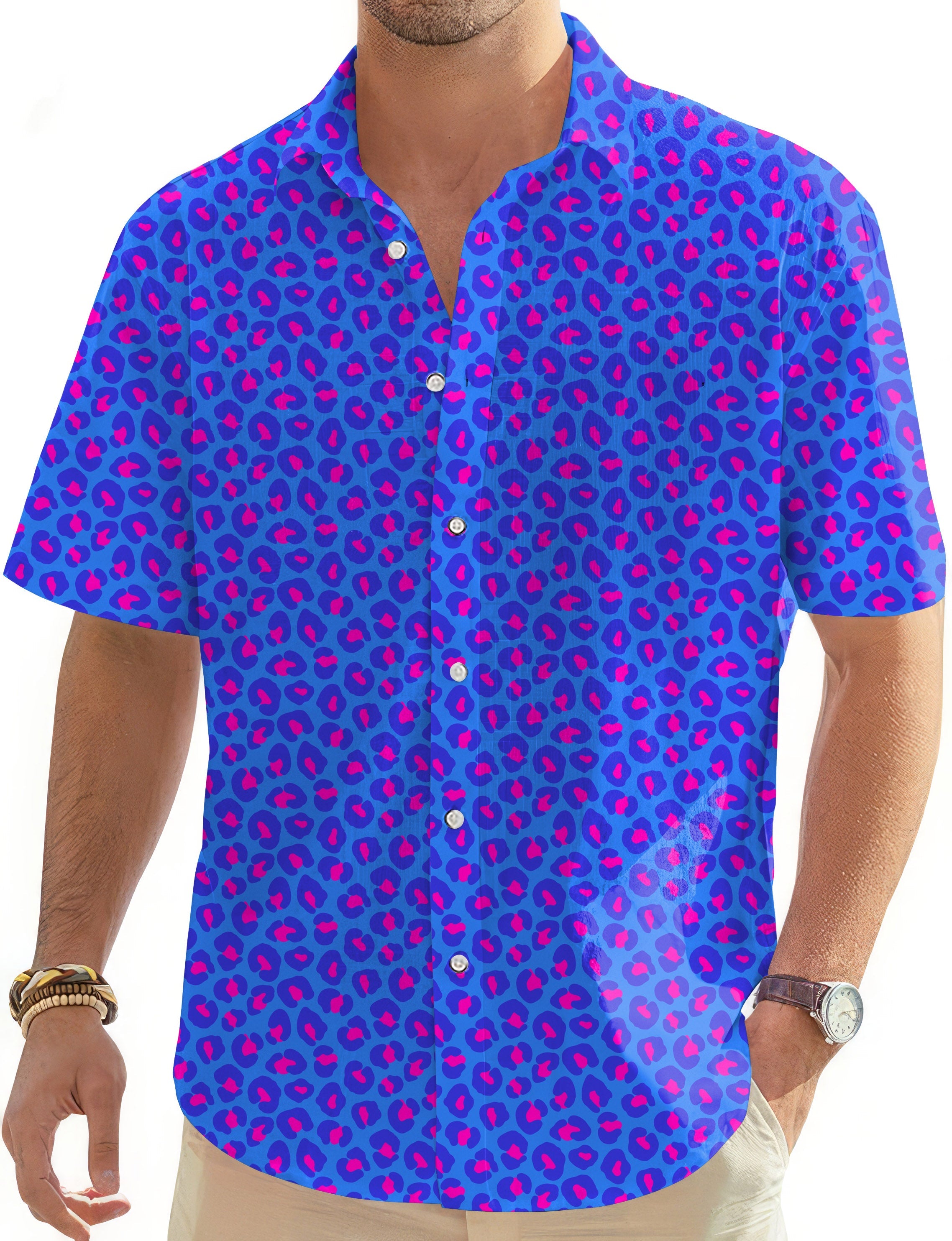 Fluorescent men's golf Hawaiian shirt with button-down front and short sleeves in vibrant blue and pink pattern