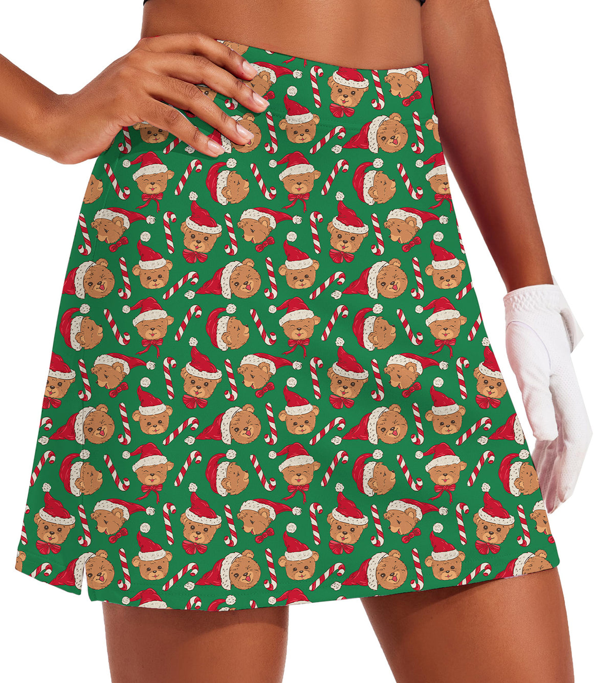 Women's - Green Christmas Teddy Bear Golf Skirts Inner Shorts Pocket