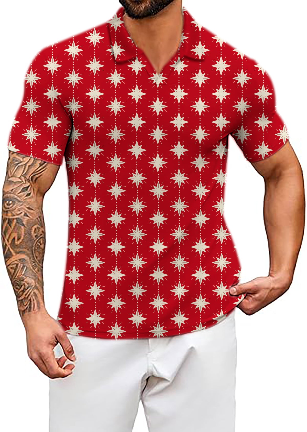 Men's Christmas Star V Neck Golf Polo Shirts