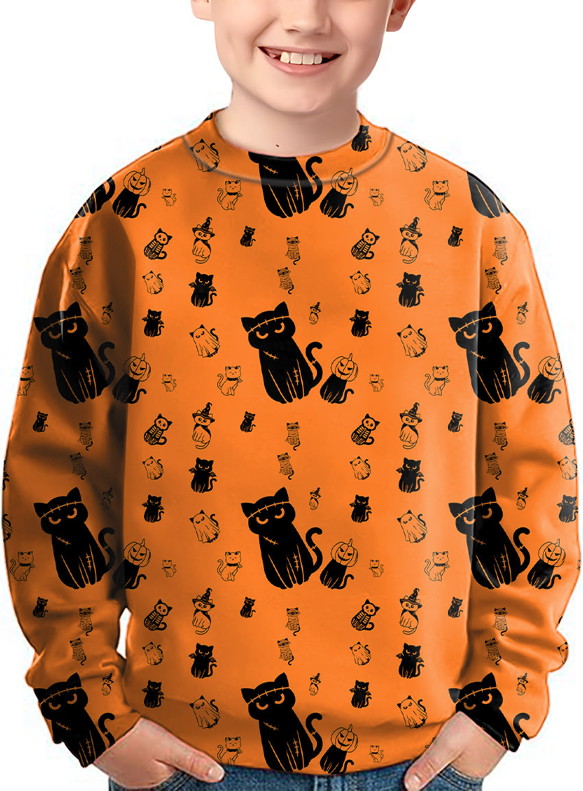 Kids Halloween cute cat crewneck pullover with black cat and pumpkin pattern on orange background