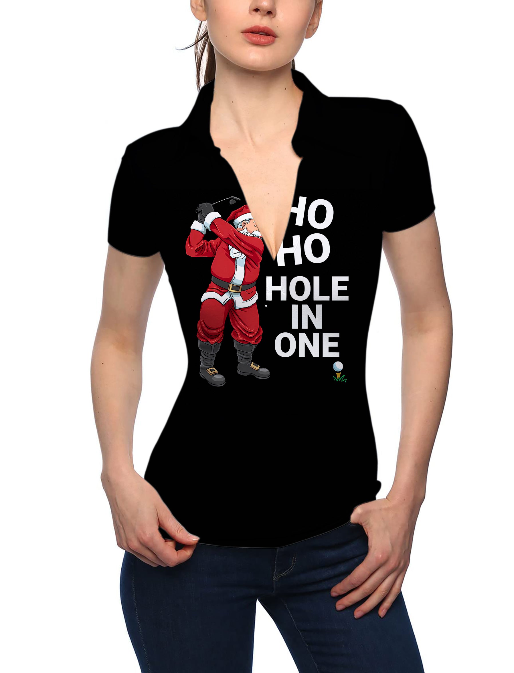 Women's Santa Claus Play Golf Christmas V Neck Golf Polo