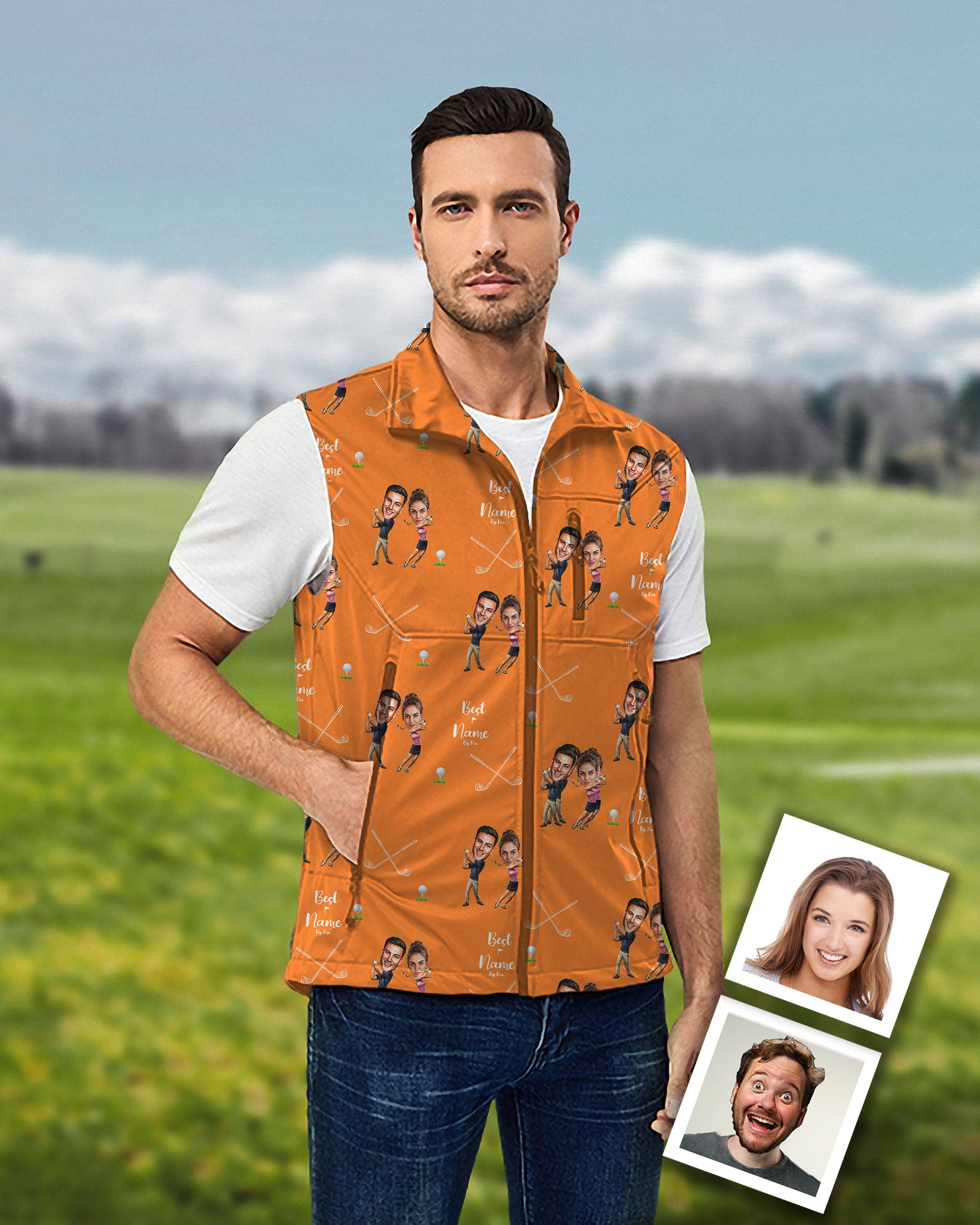 Men's Custom Couple Photo Face & Name Lightweight Softshell Vest Sleeveless Jacket for Golf Windproof Waterproof