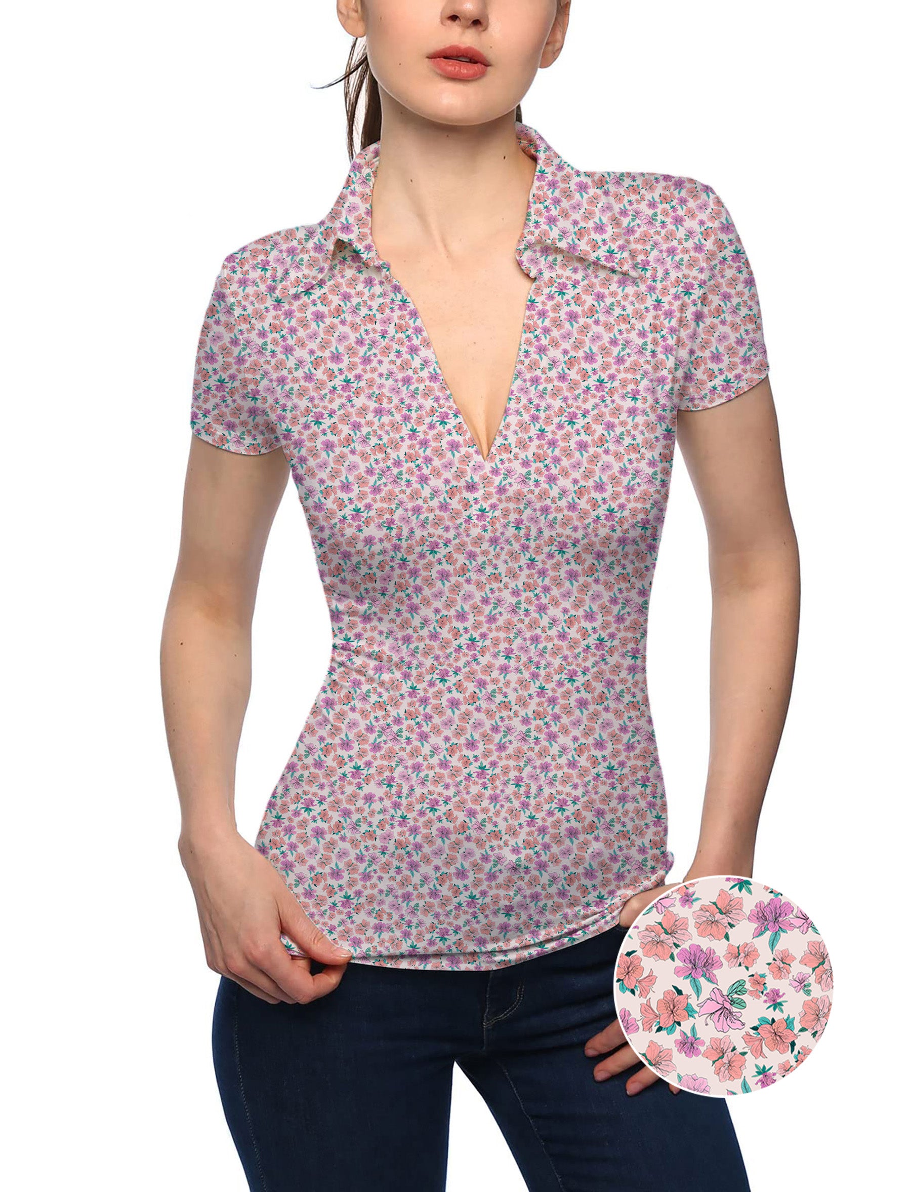 Women's Flower World V Neck Golf Polo