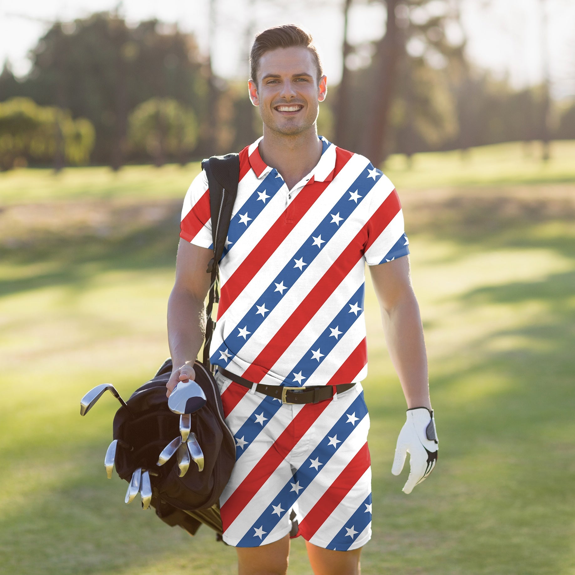 Men's golf set polo and shorts with American flag stars and stripes design on golf course