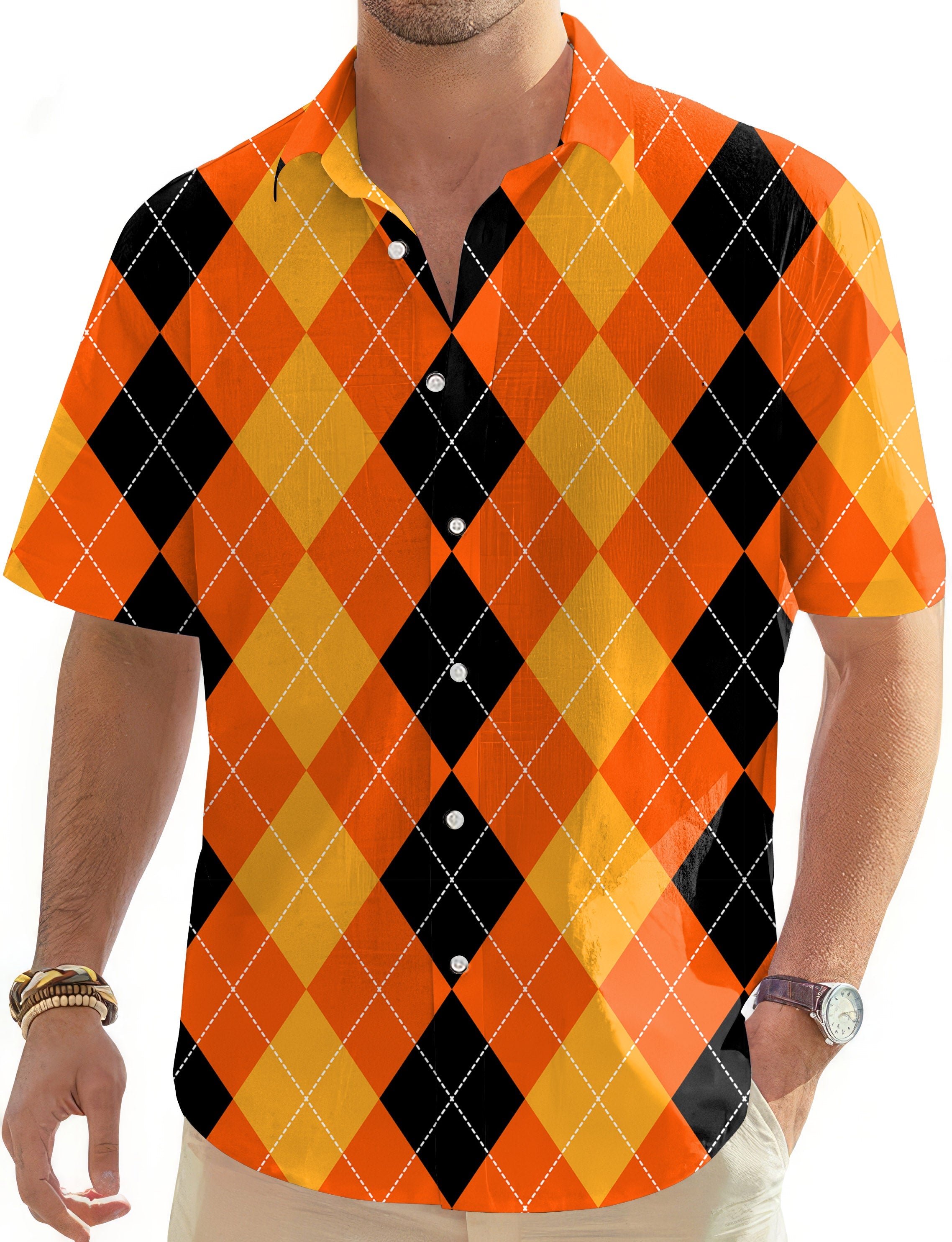 Men's Halloween black yellow orange argyle golf Hawaiian button-down shirt