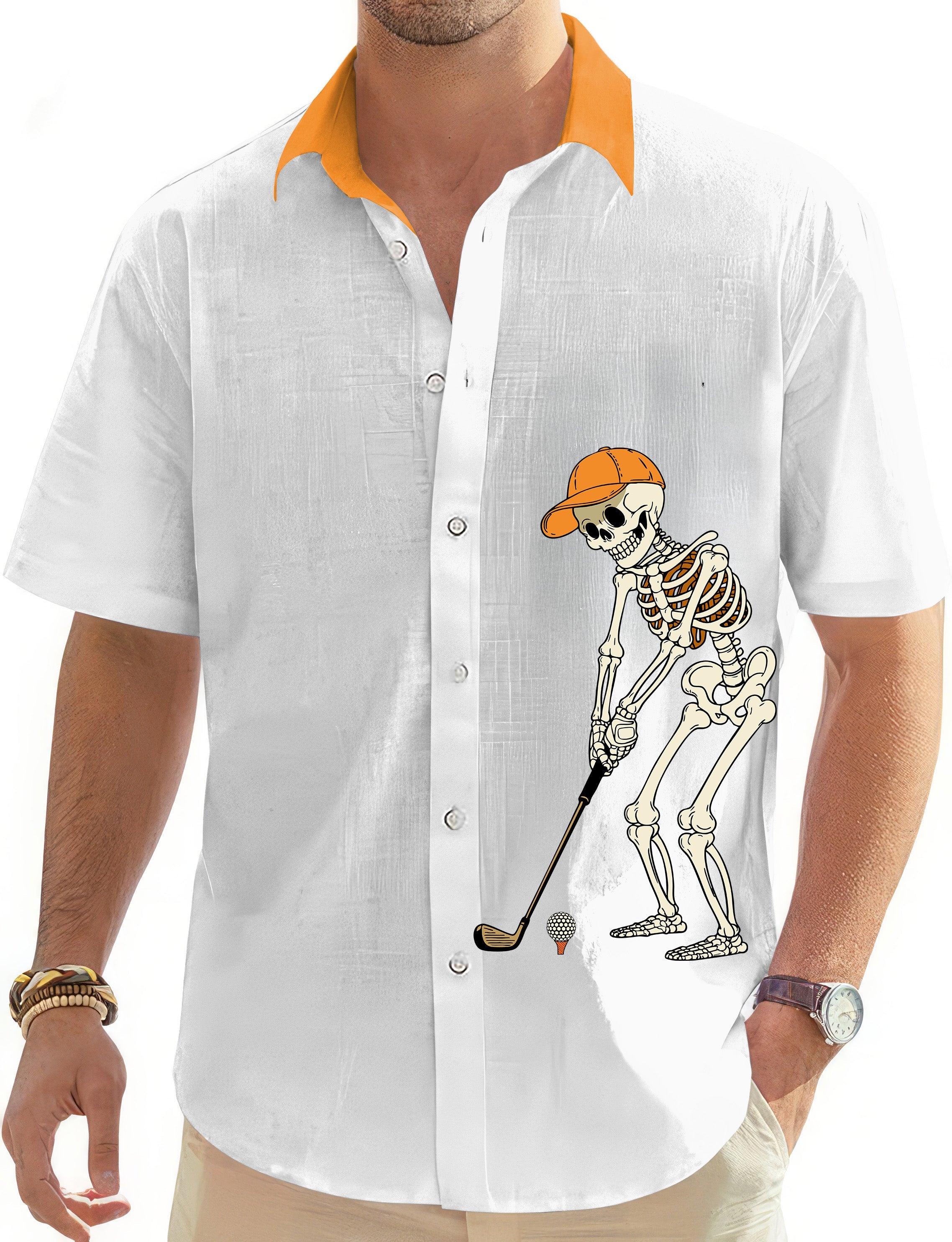 White Halloween skeleton golf Hawaiian shirt with pumpkin orange collar and golf design