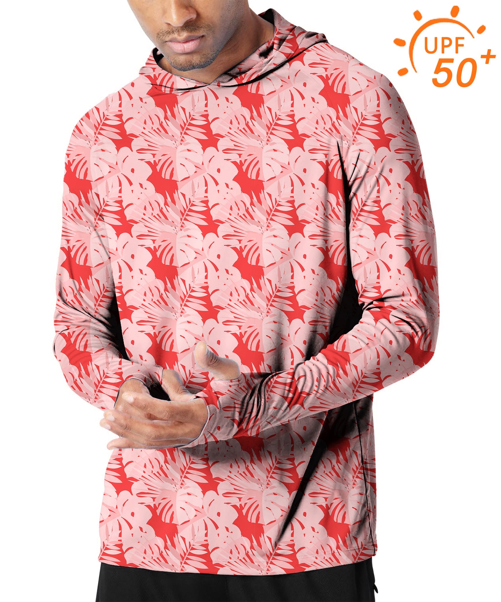 Men's slim fit outdoor hoodie with red tropical leaves pattern and UPF 50+ sun protection