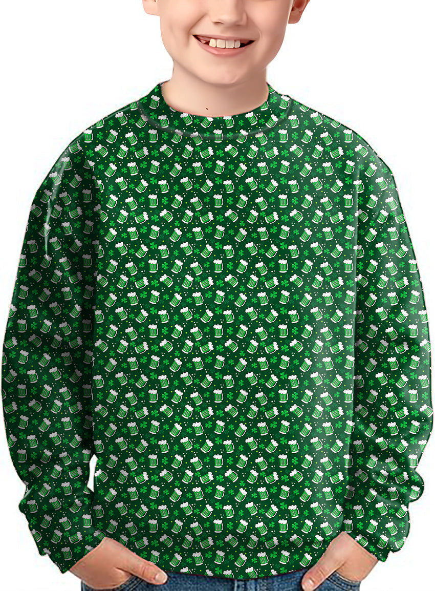 Kids green St. Patrick's Day crewneck pullover ugly sweater with beer and clover pattern