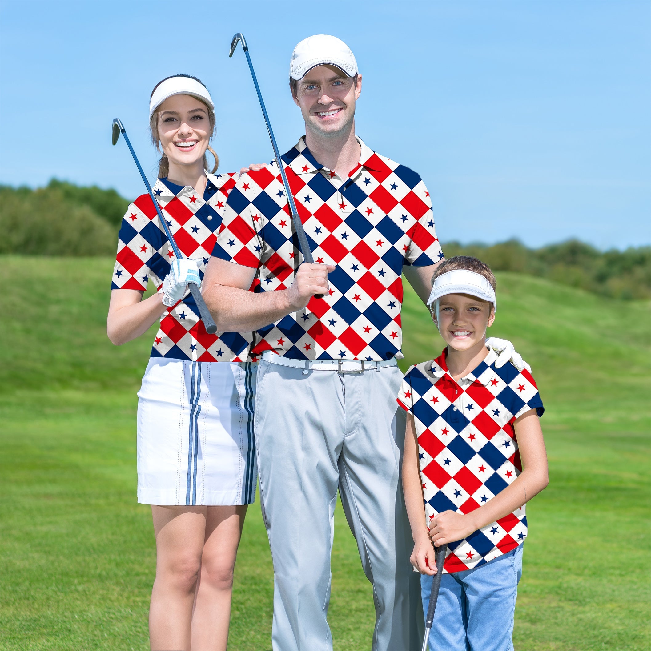 Family wearing Family Argyle US star flag pattern golf shirts on golf course