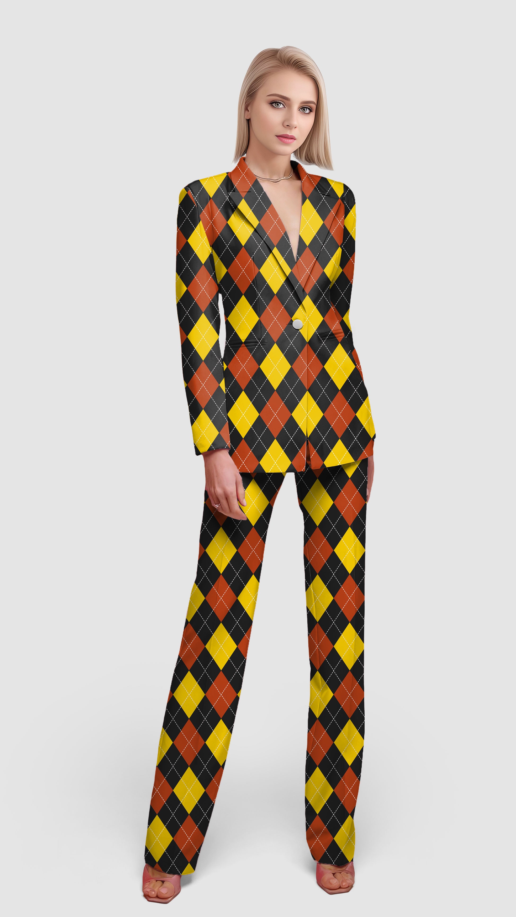 red Argyle-Women's Blazer Casual Work Office Blazer Suit set