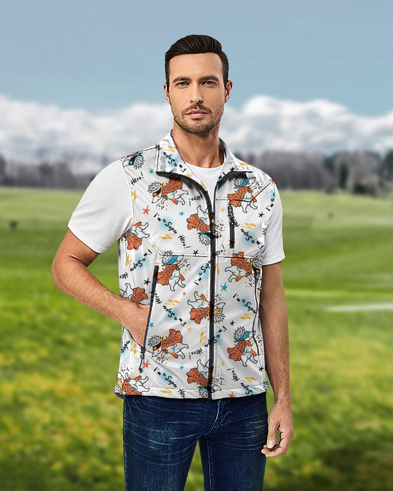 Men's Handsome lightweight softshell sleeveless vest with hedgehog print, windproof and waterproof for golf