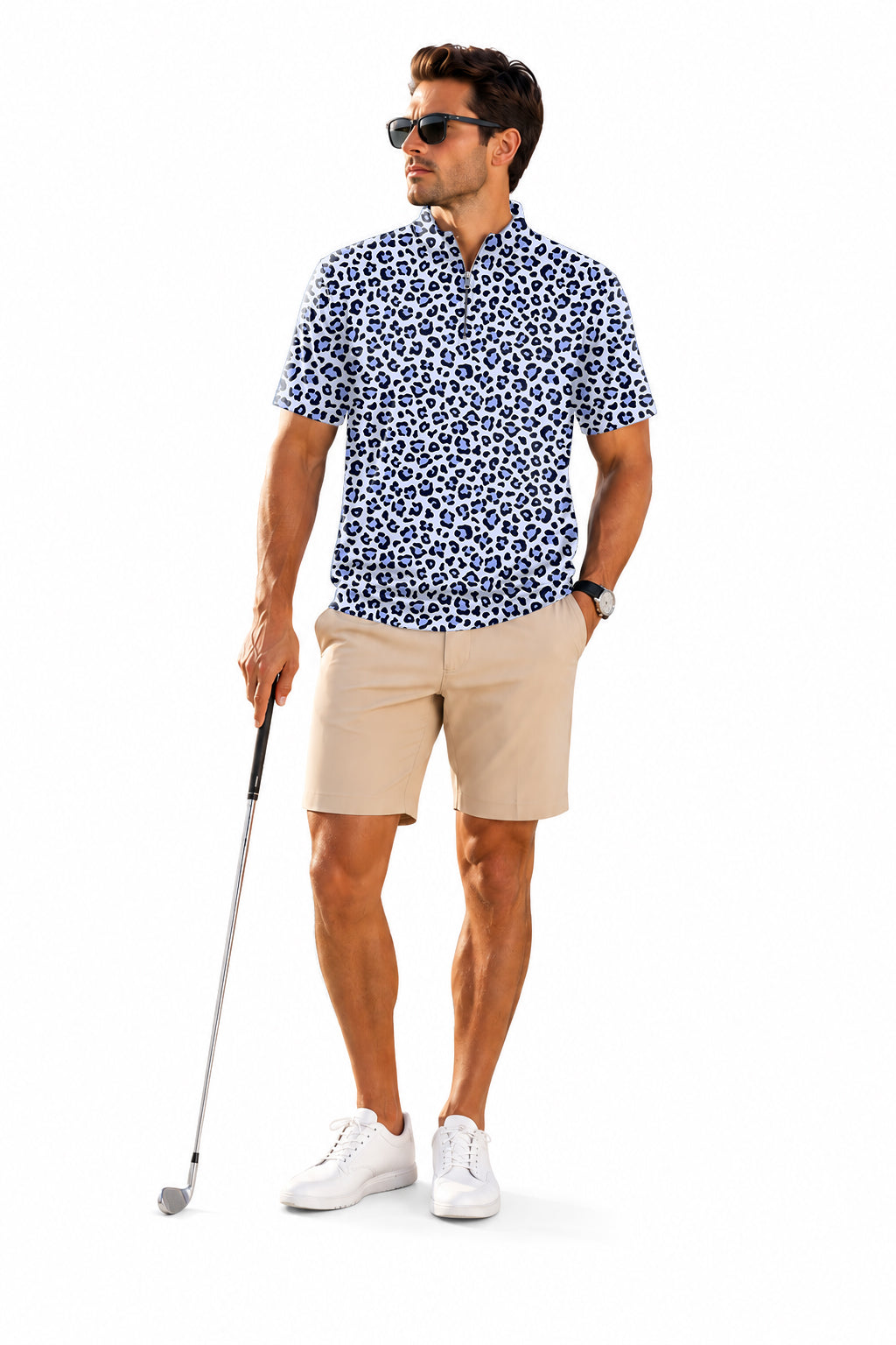 Men's Short Sleeve Quarter Zip Golf Pullover purple leopard print