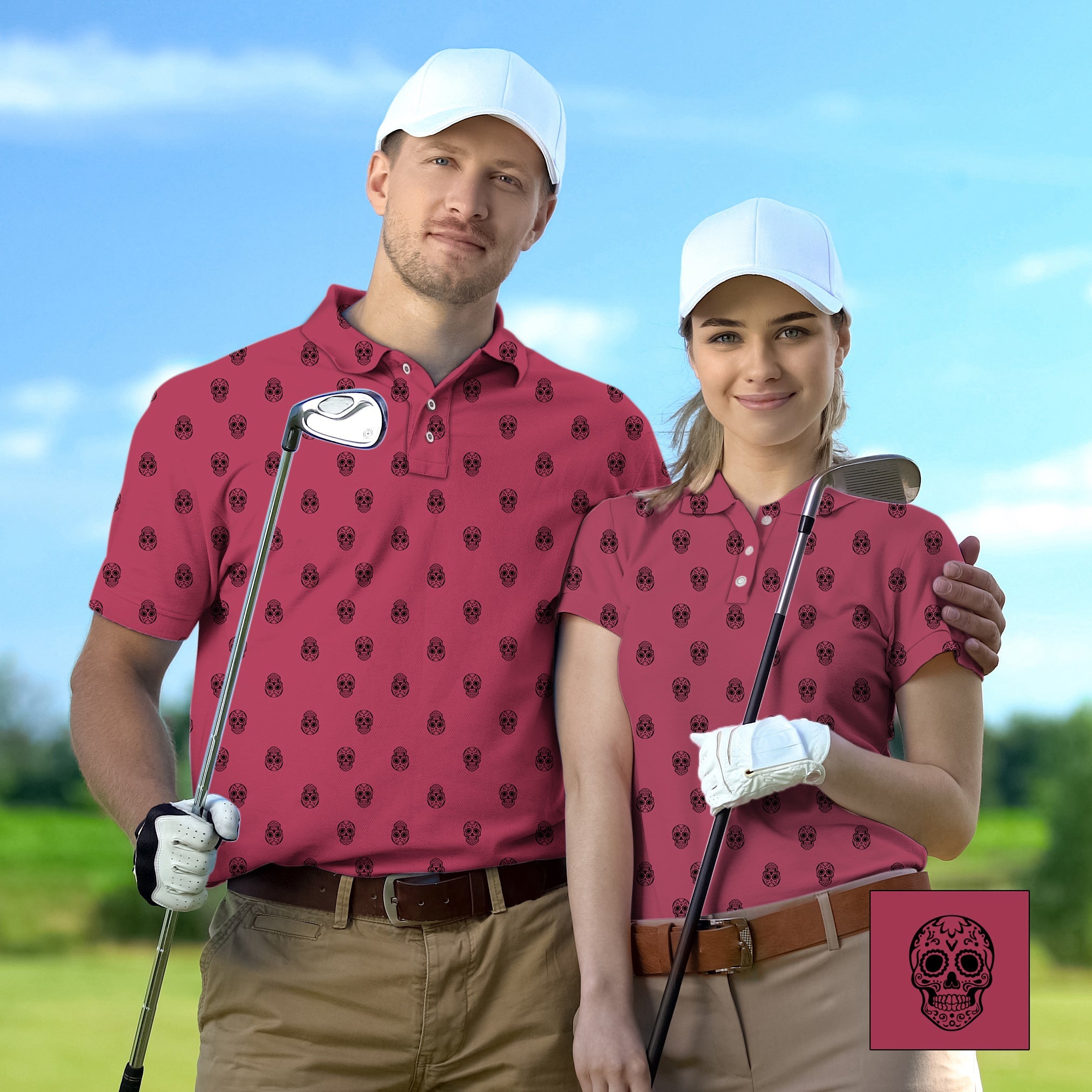 couple wearing matching red skull pattern custom golf shirts with white caps on golf course
