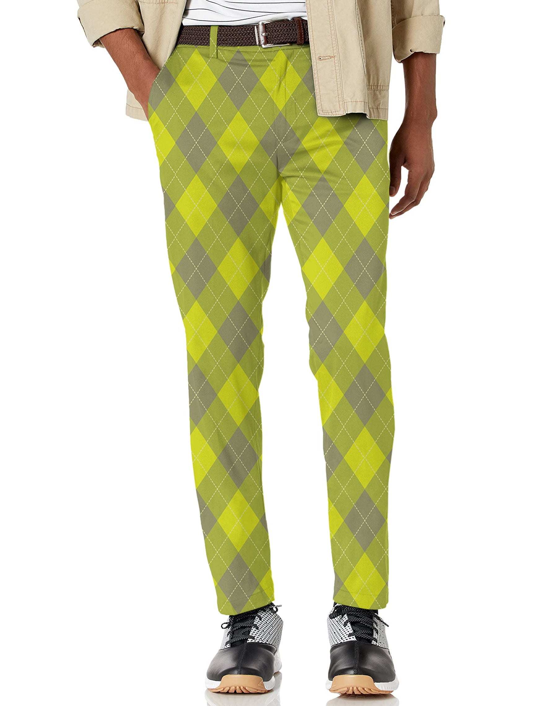Men's Yollow Argyle stretch golf pants with moisture-wicking fabric and shirt-gripping waistband