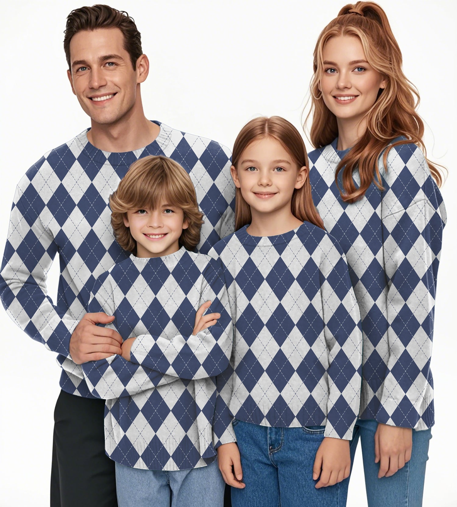 Blue diamond grids Crewneck Pullover Ugly Sweater Men Women boy girl family