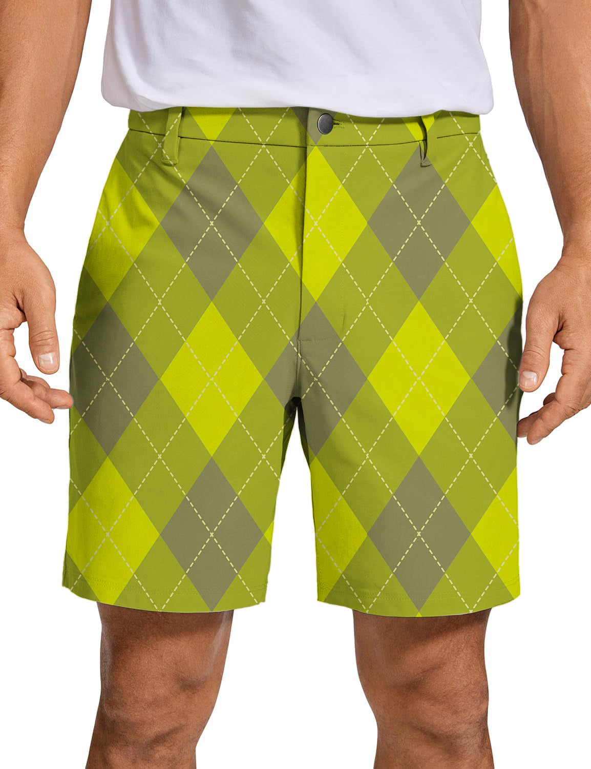 Men's yellow argyle golf shorts with quick-dry, breathable fabric and two-way stretch for comfort and style