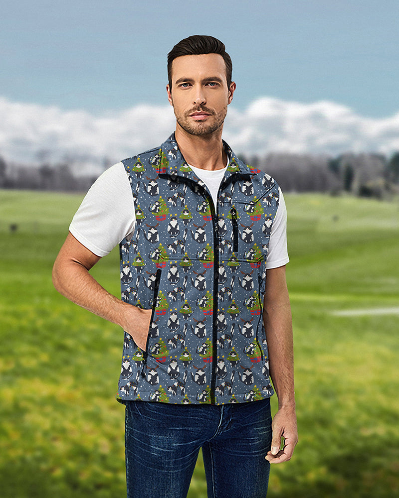 Men's Christmas black and white cat softshell vest sleeveless jacket for golf, windproof and waterproof