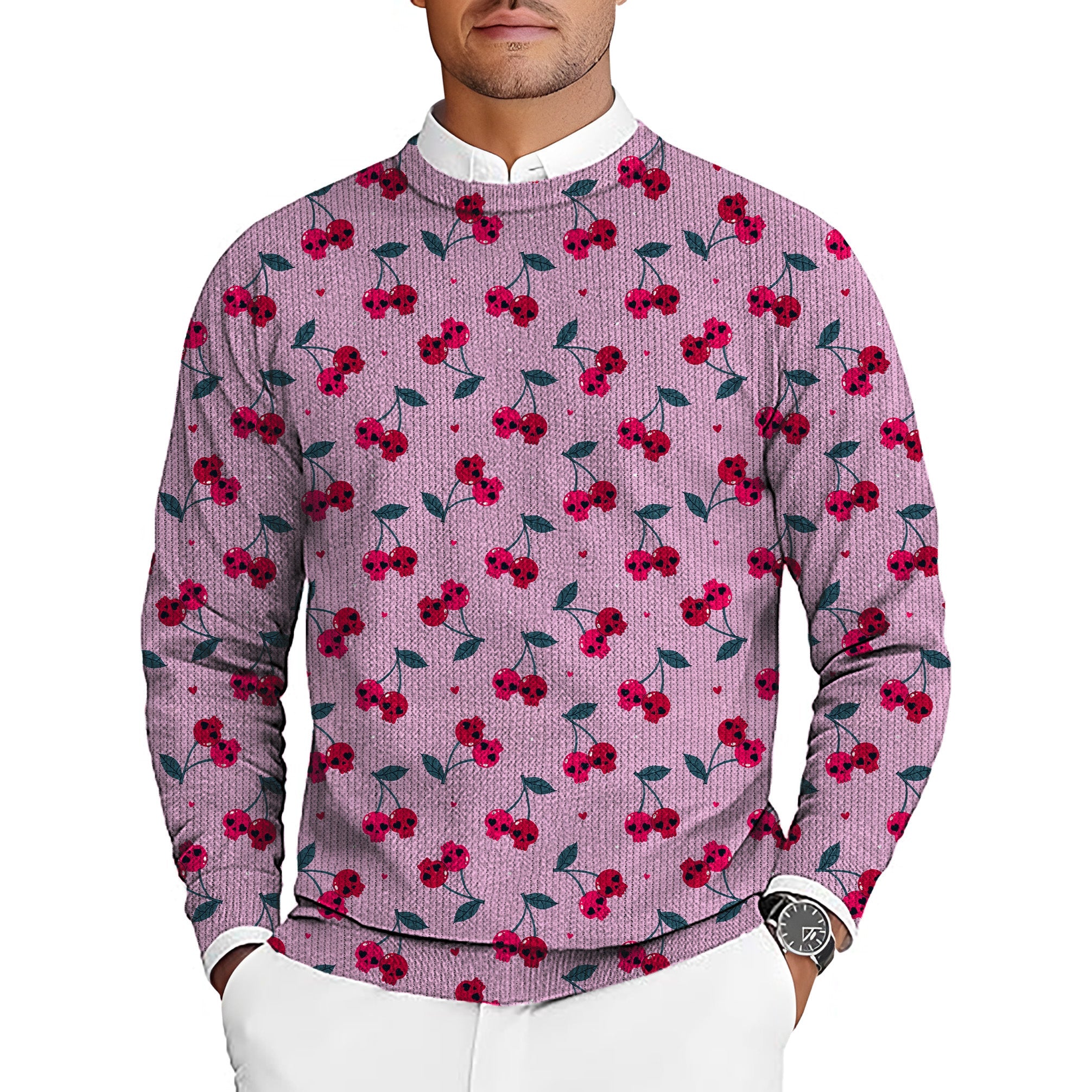 Halloween Cherry Skull men's golf crewneck pullover sweater with cherry pattern