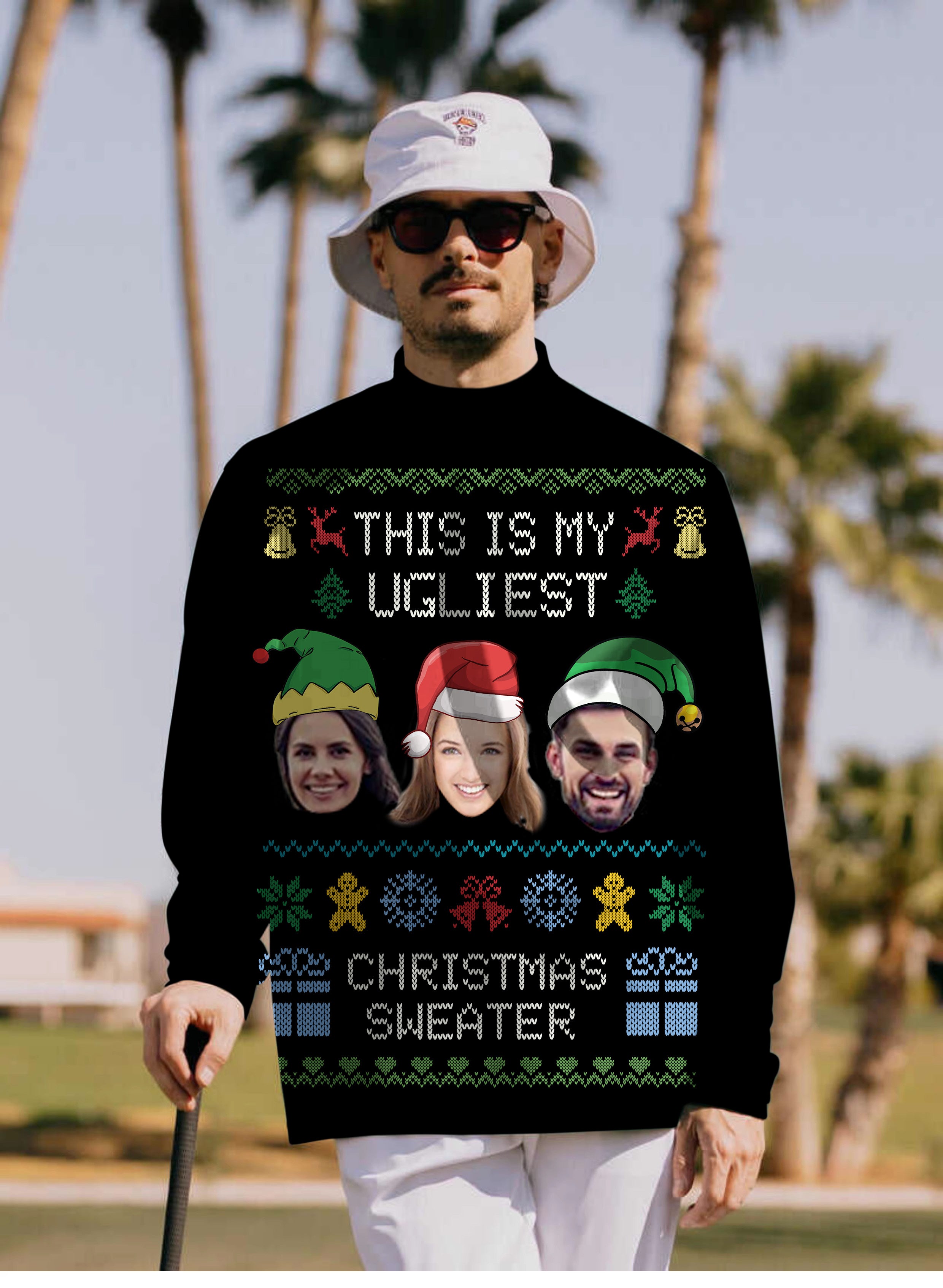 Men's Black-Christmas Custom face Pullover High neck Long/Short sleeve T-Shirt