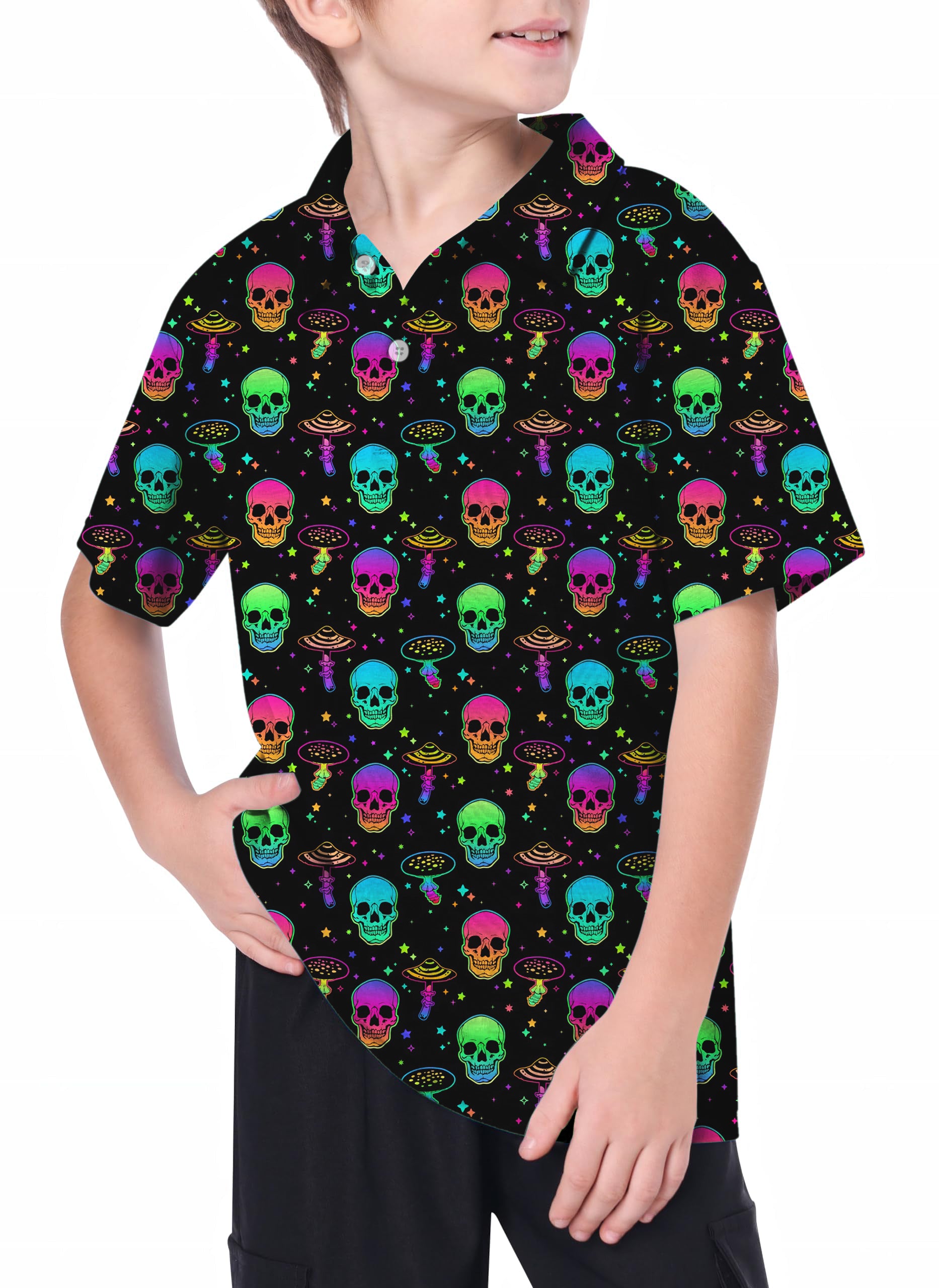 Youth Neon Mushroom Skeleton Golf Polo