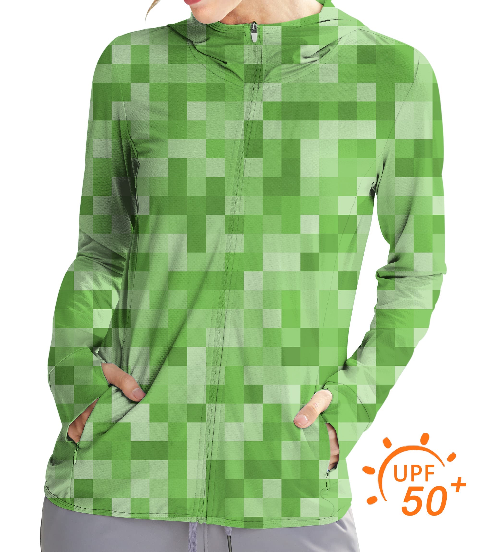 Women's outdoor light green pixel zip hoodie with UPF 50+ sun protection and slim fit design