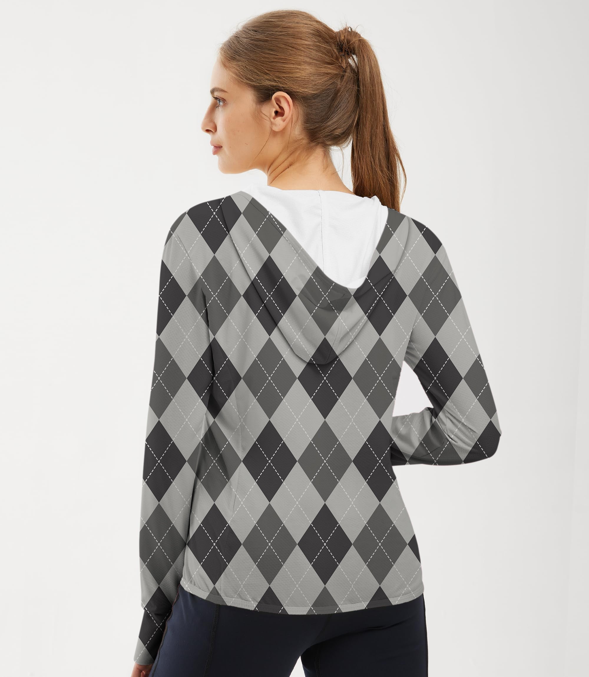 Women's outdoor grey argyle zip hoodie with sun protection and slim fit design