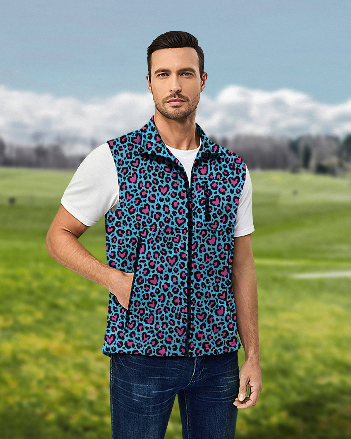 Men's Pink leopard print Lightweight Softshell Vest Sleeveless Jacket for Golf Windproof Waterproof