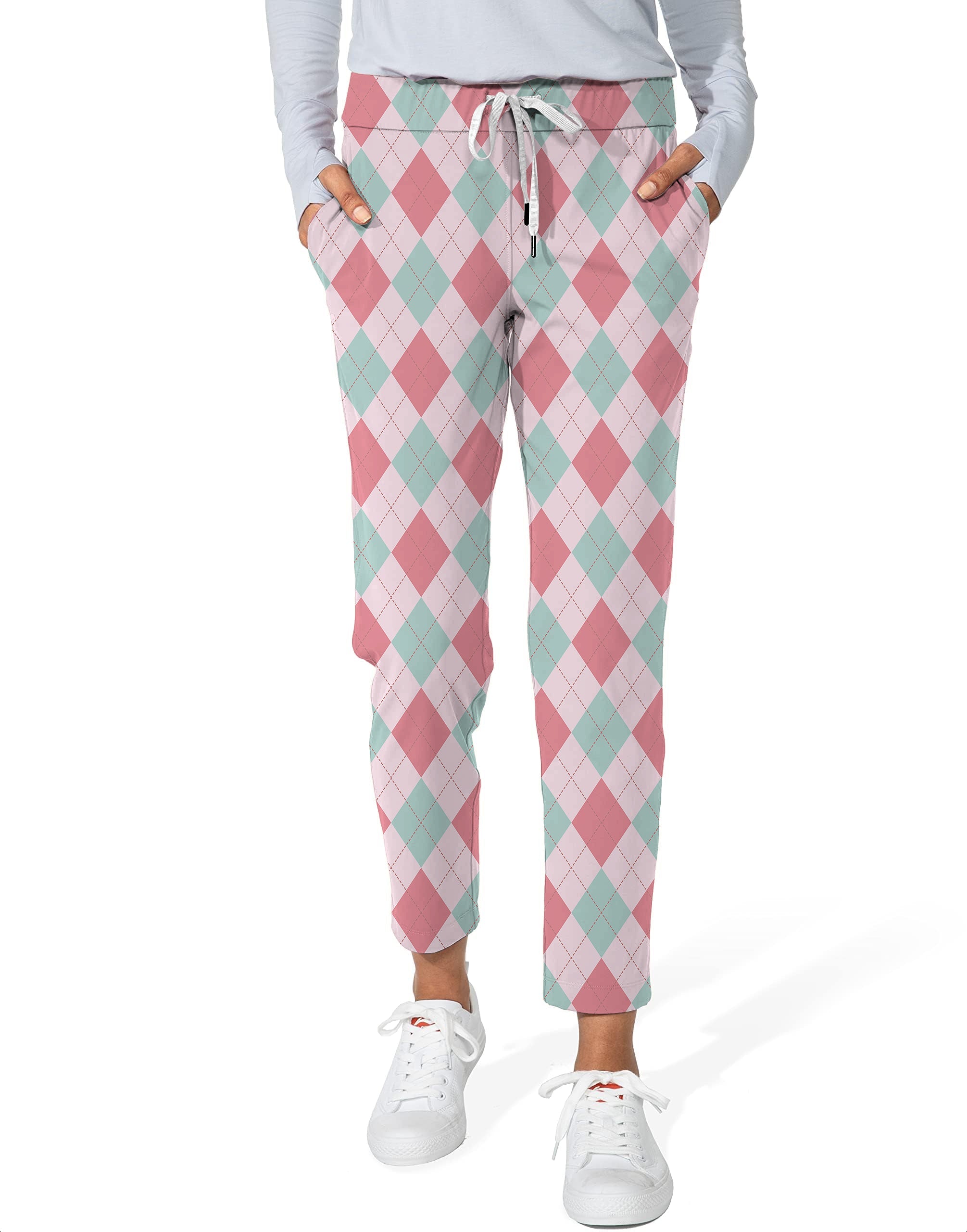 women's pink argyle 7/8 stretch ankle golf pants with drawstring waistband