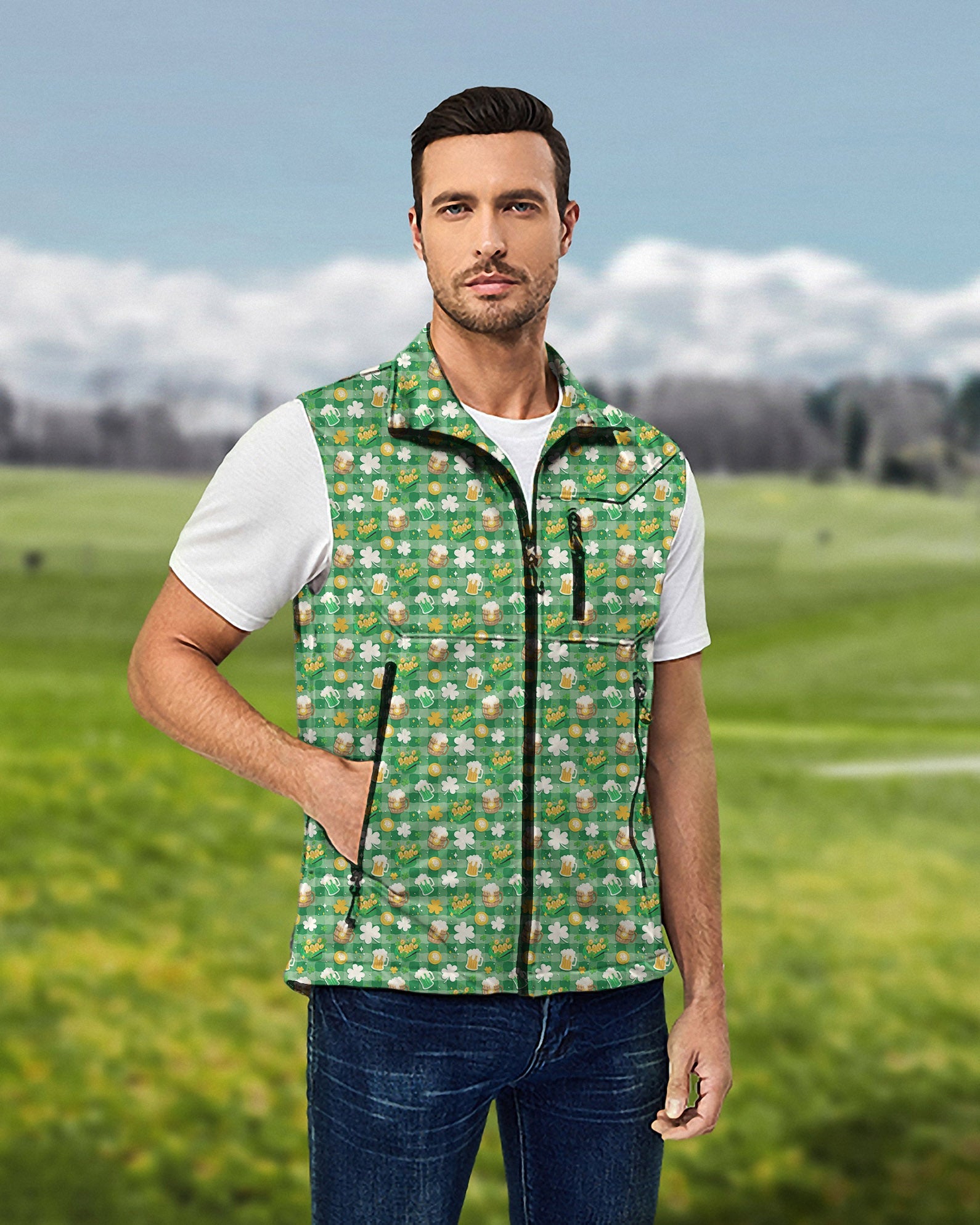 Men's green beer and clover leaf St. Patrick's Day softshell vest sleeveless jacket windproof waterproof