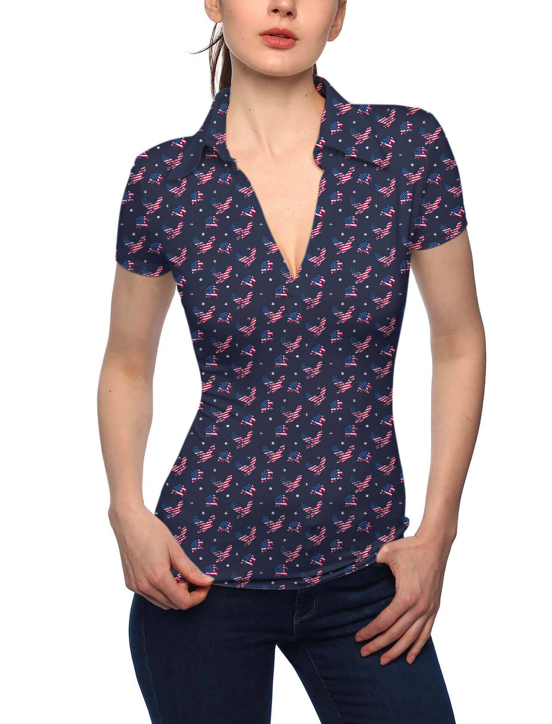 Women's eagle American flag V Neck Golf Polo