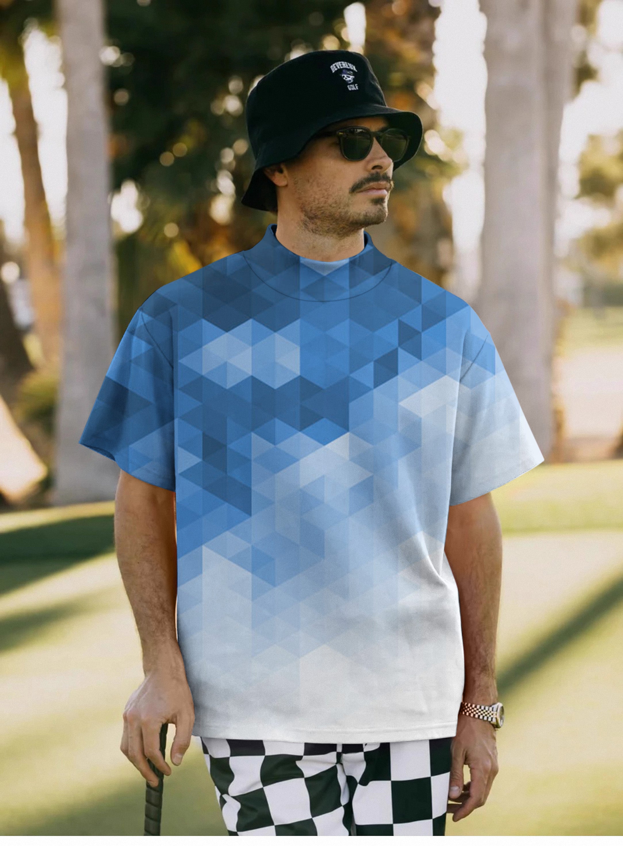 Men's Abstract Blue Background With Triangular Pattern Mock Neck Long/Short Sleeve Golf Tops