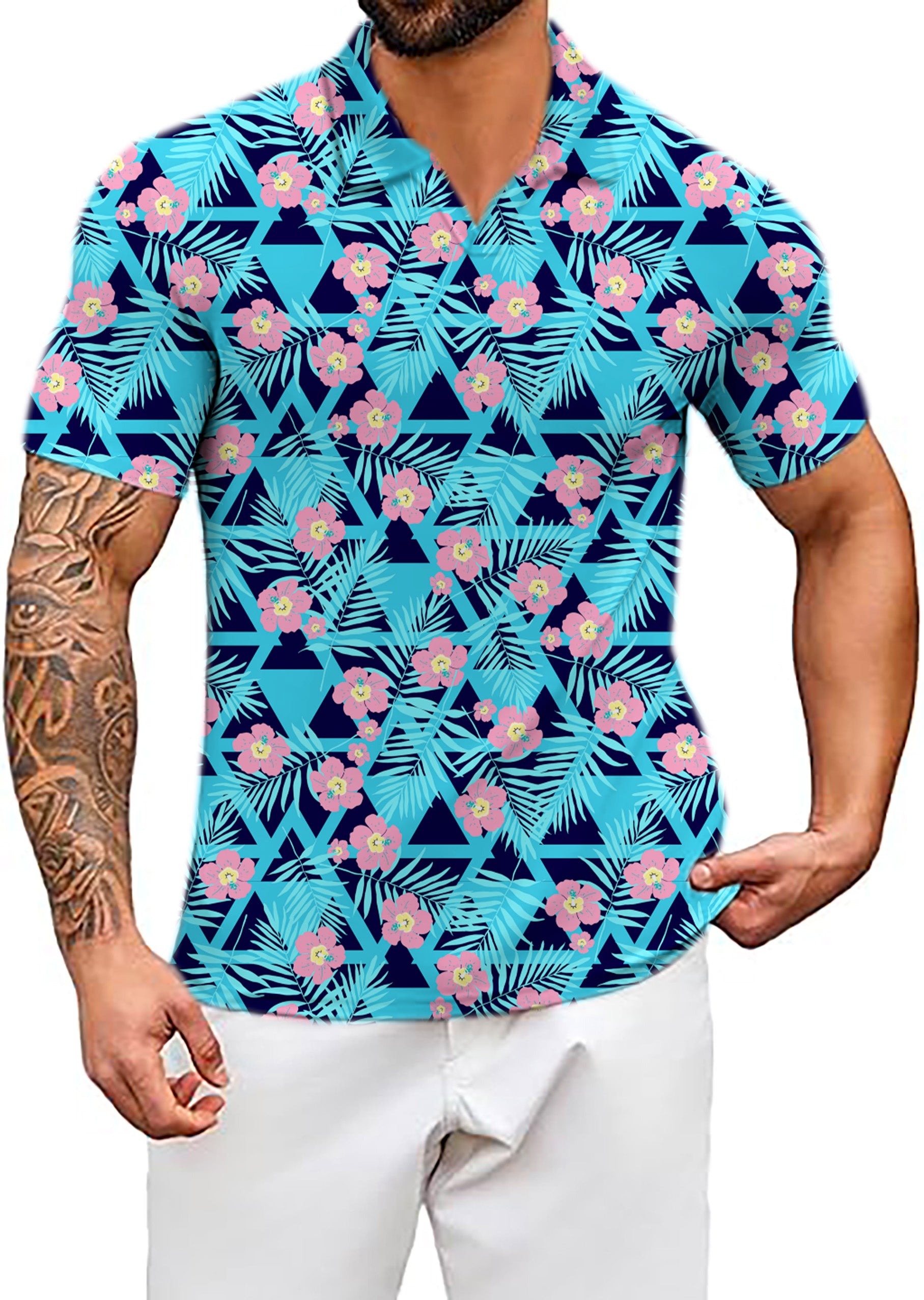 Men's Tropical Bloom V Neck Golf Polo Shirts