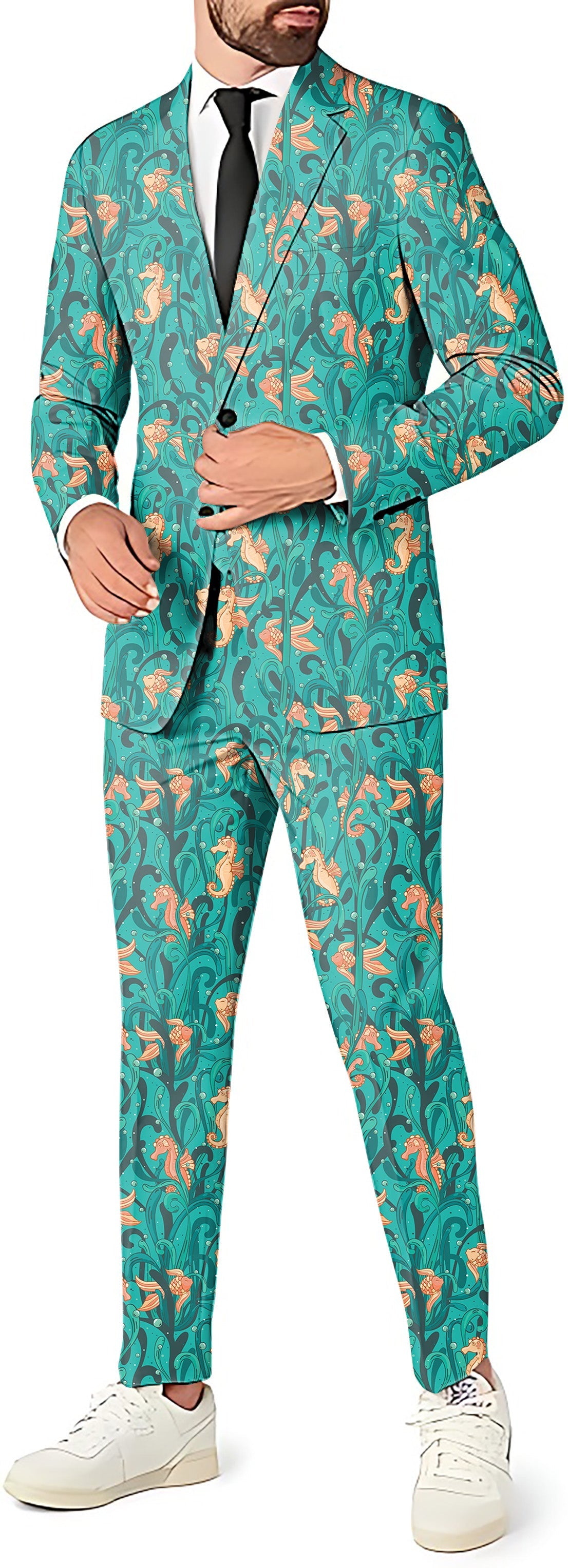 Seahorse Season men's blazer and pants suit with seahorse print for theme parties
