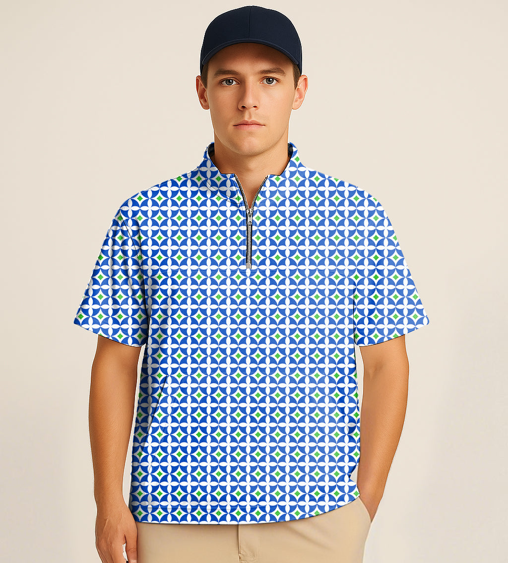Half Zipper Turtleneck Golf Short Shirt Blue-Green Diamond Embroidery
