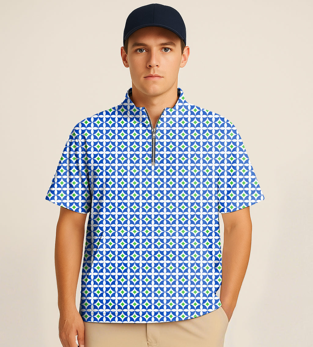 Man wearing blue-green diamond embroidered half zipper turtleneck golf short shirt