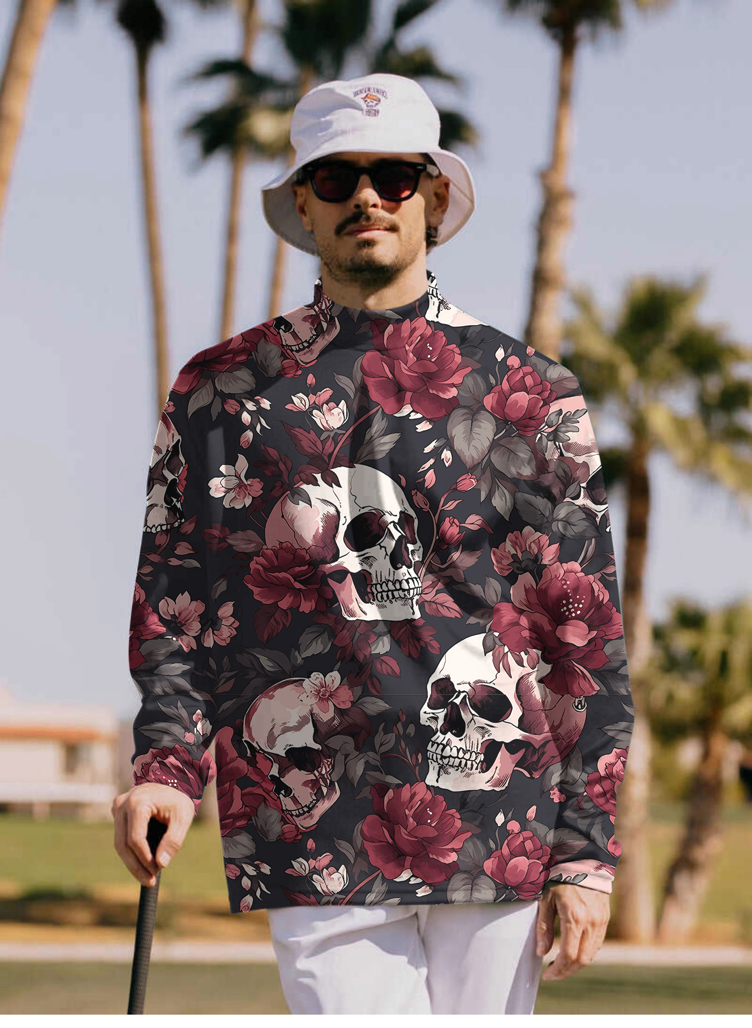 Men's Halloween floral skull pullover high neck long sleeve shirt with red roses design