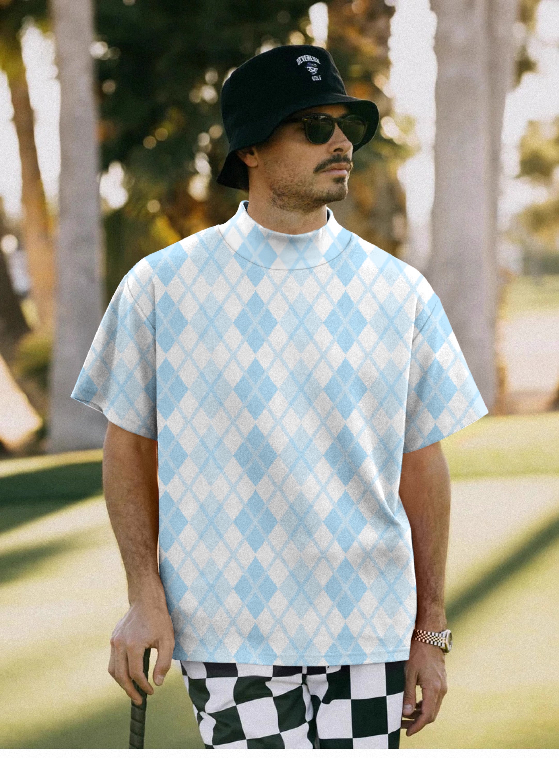 Men's Argyle bule grid Pullover High neck Long/Short sleeve T-Shirt