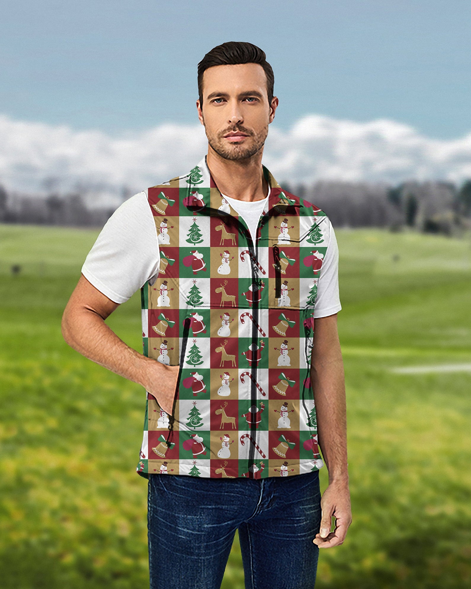 Men's Marry Christmas Lightweight Softshell Vest Sleeveless Jacket for Golf