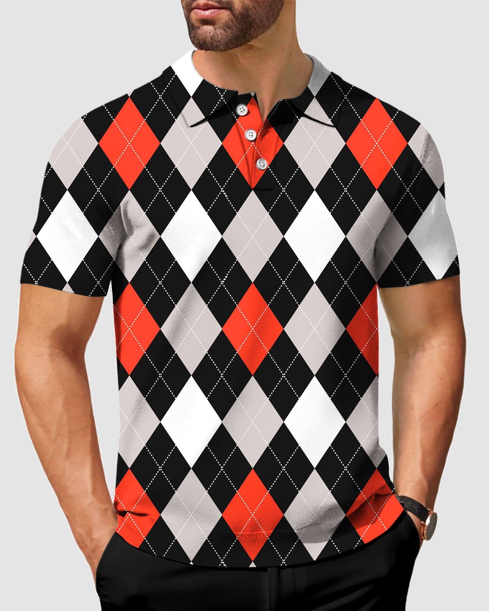 Men's Argyle red black argyle pattern polo shirt with four-way stretch and moisture-wicking fabric