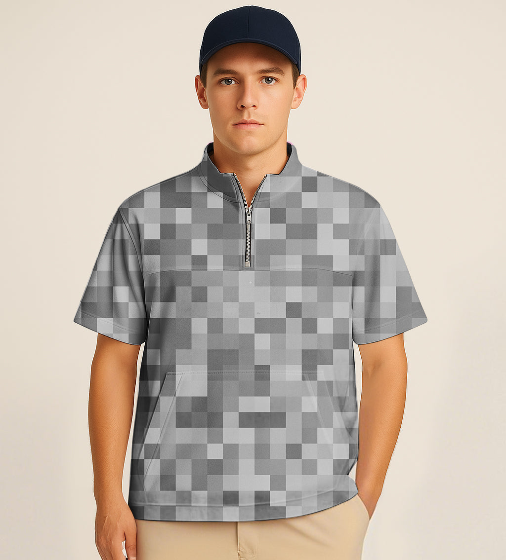 Man wearing grey pixel pattern half zipper turtleneck golf short shirt with big embroidery
